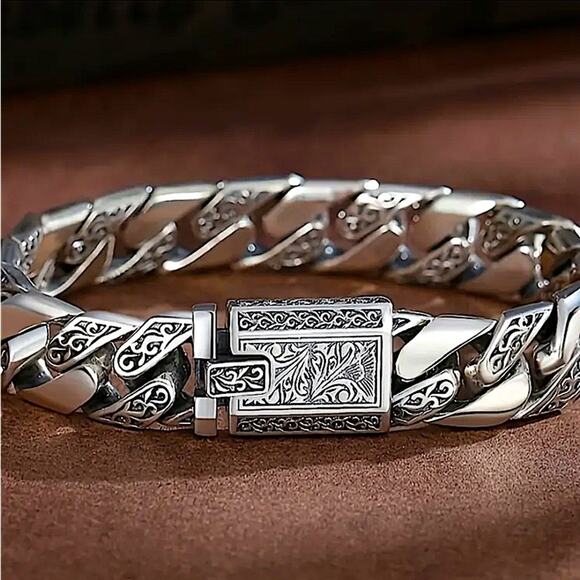 Stainless Steel Chain Link Bracelet, Mantra, Curb Hand Woven Engraved - Picture 5 of 8